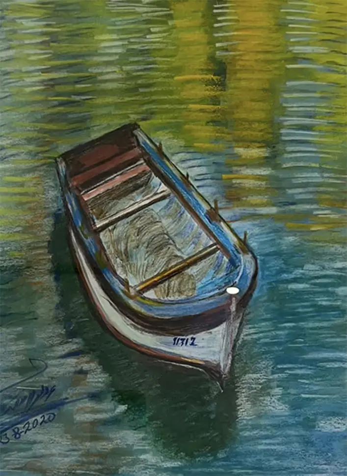 Boat on lake — Water color with pastels