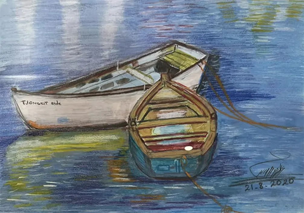 Two boats — Pastel with water color